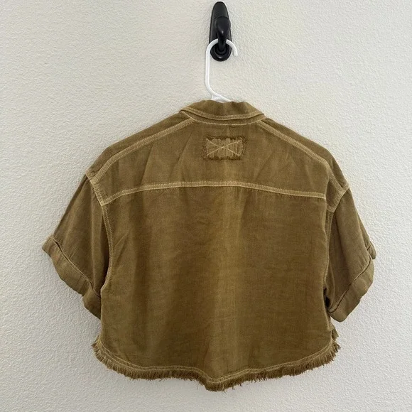 Free People We The Free Olive Linen Blend Crop Utility Cargo Blouse Gorpcore XS - Picture 8 of 9